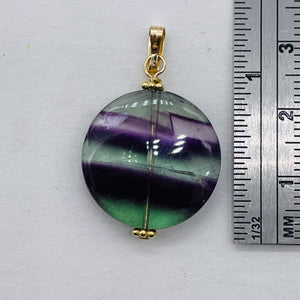 Fluorite 14K Gold Filled Striped Coin | 1 3/4" Long | Purple/Green | 1 Pendant |