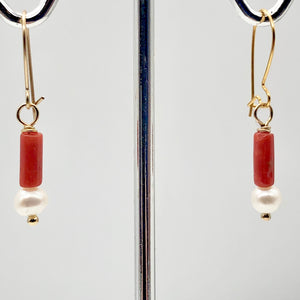 14Kgf Red Coral and Fresh Water Pearl Earrings | 1 Inch Long | - PremiumBead Alternate Image 3