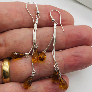 Amber Faceted 3 Bead Dangling Earrings | 2 1/2" Long | Orange | 1 Pair |
