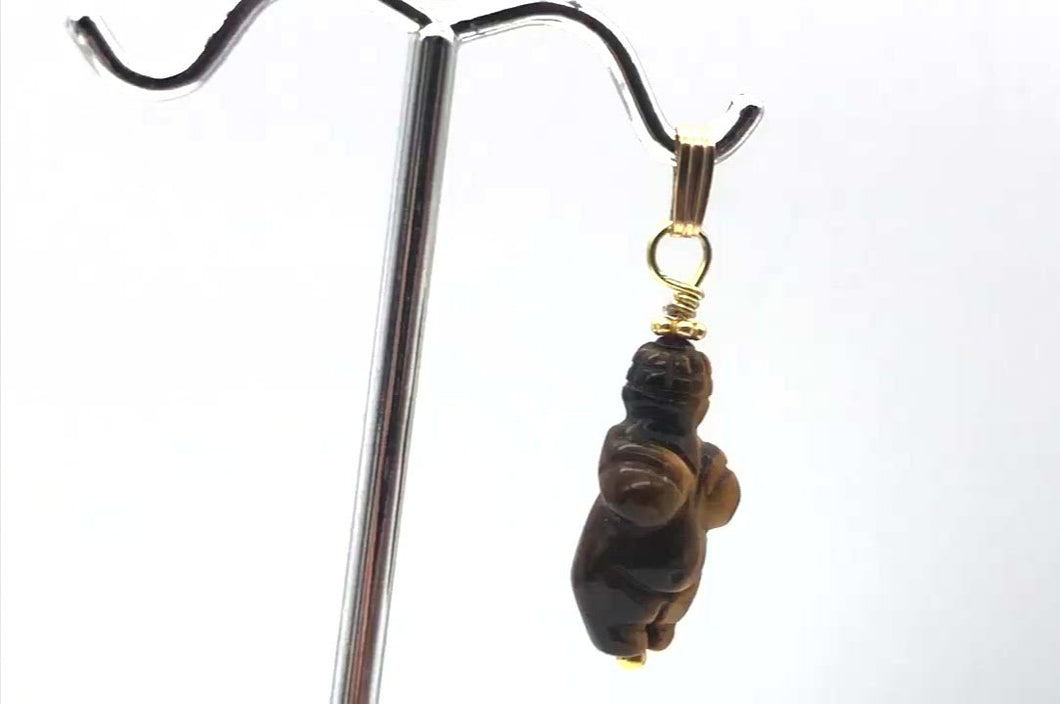 Hand Carved Tigereye Goddess of Willendorf 14Kgf Pendant |1.5 
