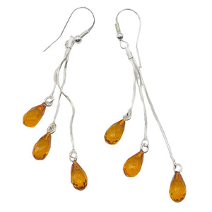 Amber Faceted 3 Bead Dangling Earrings | 2 1/2" Long | Orange | 1 Pair |