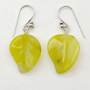Korean Jade Carved Leaf Sterling Silver Drop Earrings | 1 1/2" Long | Green |
