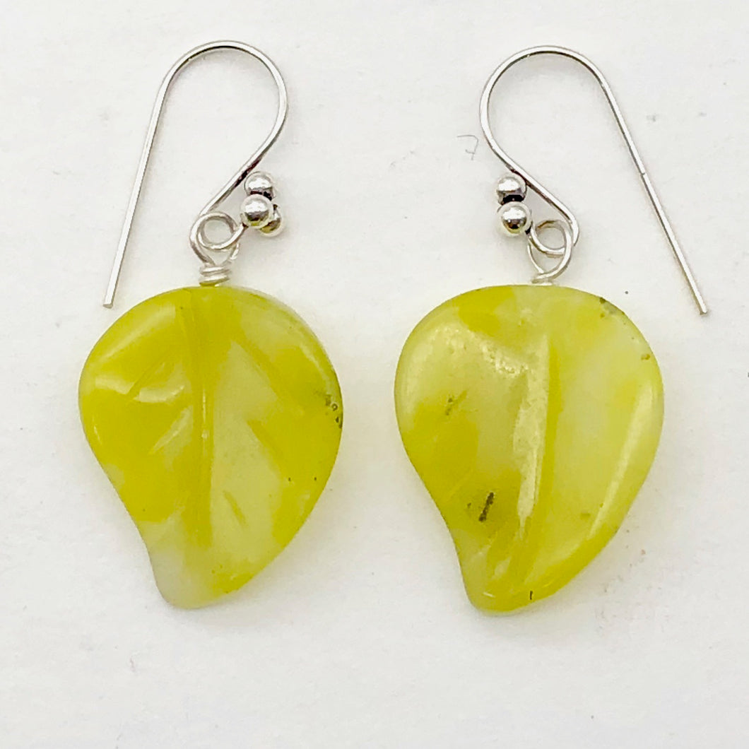Korean Jade Carved Leaf Sterling Silver Drop Earrings | 1 1/2