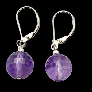 Faceted 10mm Amethyst 925 Sterling Silver Drop/Dangle Lever Back Earrings