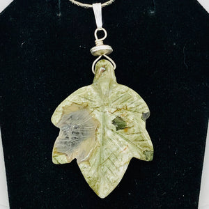 Ryolite Rain Tree Jasper Sterling Silver Leaf Pendant|2" Long |Green | 1 Pendant