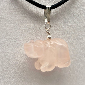 Roar! Hand Carved Natural Rose Quartz Bear Silver Pendant | 13x18x7mm (Bear), 5.5mm (Bail Opening), 1.5" (Long) | Pink - PremiumBead Primary Image 1