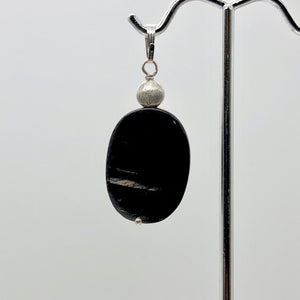 Hypersthene Sterling Silver Pendant |1 3/4 inch long | Silver-black | Oval |