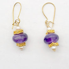 Load image into Gallery viewer, Amethyst Roundel and Pearl 14K Gold Filled Drop Earrings| 1 1/4&quot; Long| Purple |
