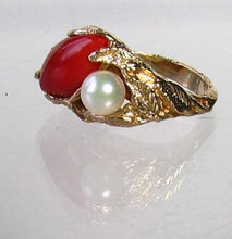 Load image into Gallery viewer, Natural Red Coral &amp; Pearl Carved Solid 14Kt Yellow Gold Ring Size 5.75 9982D - PremiumBead Alternate Image 6
