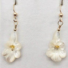 Load image into Gallery viewer, Shimmer! Carved Mother of Pearl Flower Earrings w/Yellow Sapphire Center 14Kgf - PremiumBead Primary Image 1
