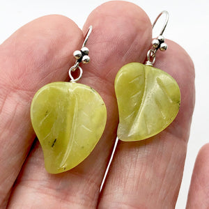 Korean Jade Carved Leaf Sterling Silver Drop Earrings | 1 1/2" Long | Green |