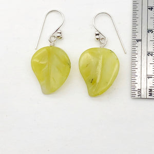 Korean Jade Carved Leaf Sterling Silver Drop Earrings | 1 1/2" Long | Green |