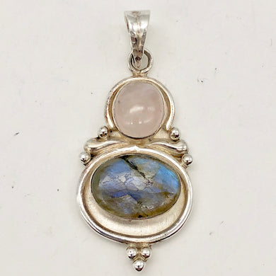 Natural Rose Quartz and Labradorite Solid Sterling Silver Pendant | 2 inch long| - PremiumBead Primary Image 1