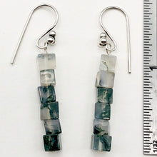 Load image into Gallery viewer, Sterling Silver Moss Agate Cube Bead Earrings | 2 inches long | Green/Clear |
