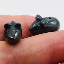 Load image into Gallery viewer, Two Carved Hematite Mouse Beads | 20.5x12x10.5 mm | Grey
