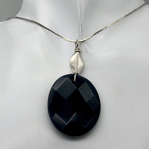 Onyx Faceted Sterling Silver Oval Pendant | 2" Long | Black |