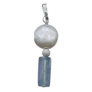Coin Pearl and Fluorite Sterling Silver Pendant | 1 1/2" Long | White/Blue | 1 |