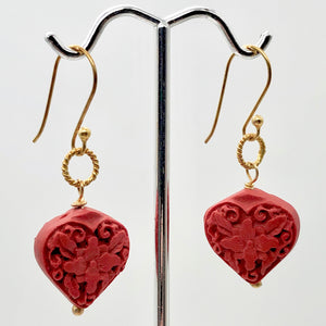 Carved Red Cinnabar Orchid Heart Bead 14K Gold Filled Earrings | 1 3/4" Long |