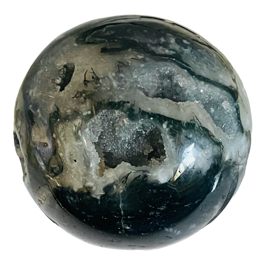 Moss Agate Druzy Quartz Crystal Meditation Sphere | 62mm | Green/White | 1 |