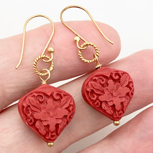 Carved Red Cinnabar Orchid Heart Bead 14K Gold Filled Earrings | 1 3/4" Long |