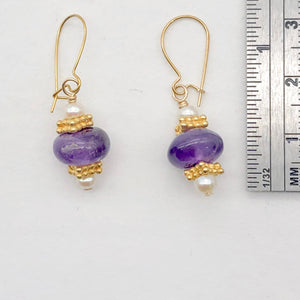Amethyst Roundel and Pearl 14K Gold Filled Drop Earrings| 1 1/4" Long| Purple |
