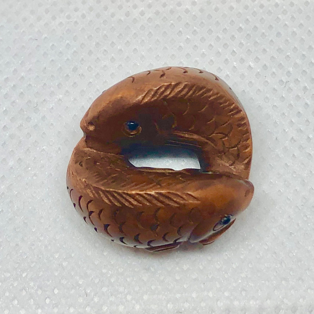 Pisces Hand Carved & Signed Boxwood Fish Ojime/Netsuke Bead | 22x22x15mm | Brown - PremiumBead Primary Image 1