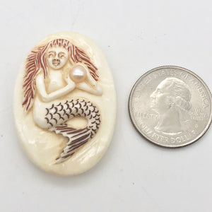 Splash Mermaid with Pearl Scrimshawed Carved Waterbuffalo Bone Button | 40x28mm | Cream Red Brown - PremiumBead Alternate Image 5