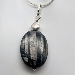 Hypersthene Sterling Silver Pendant |1 3/4 inch long | Silver-black | Oval | - PremiumBead Primary Image 1