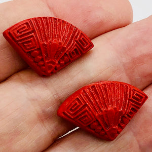 Cinnabar Carved Fan Beads | 25x15x10 mm | Red | 2 Beads |