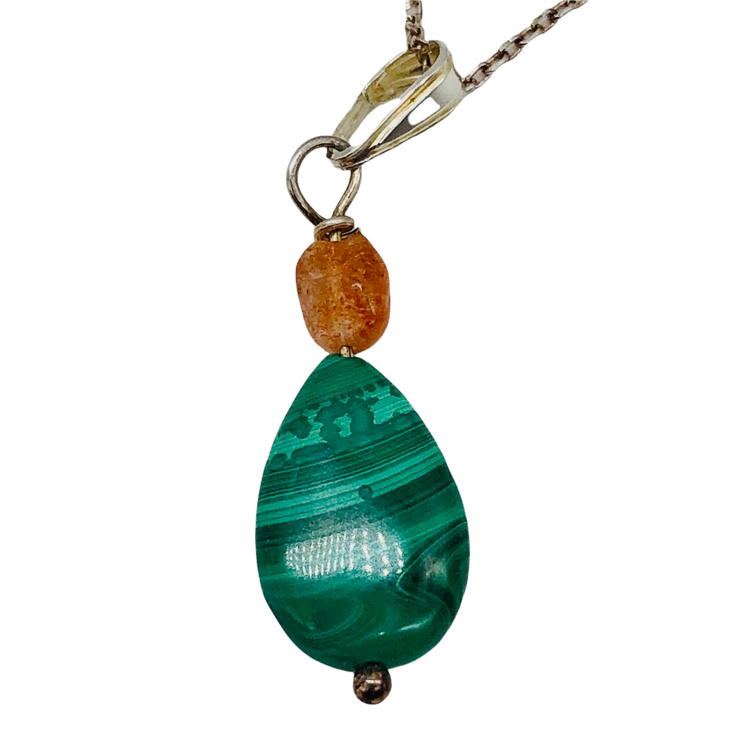 Pink Topaz and Malachite Sterling Silver Pendant | 1 3/8