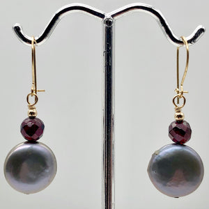 Platinum Freshwater Coin Pearl and Garnet 14kgf Dangling Earrings | 1 3/8 Inch |
