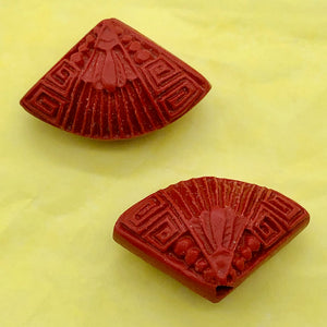 Cinnabar Carved Fan Beads | 25x15x10 mm | Red | 2 Beads |