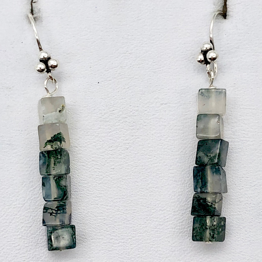 Sterling Silver Moss Agate Cube Bead Earrings | 2 inches long | Green/Clear |