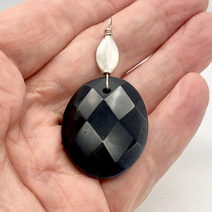 Onyx Faceted Sterling Silver Oval Pendant | 2" Long | Black |