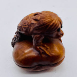 Carved Boxwood Turtle Man w/ Clam Ojime/Netsuke Bead