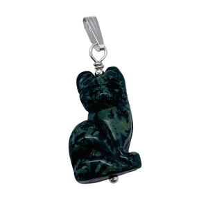 Adorable! Kambaba Jasper Carved Sitting Cat Sterling Silver Pendant