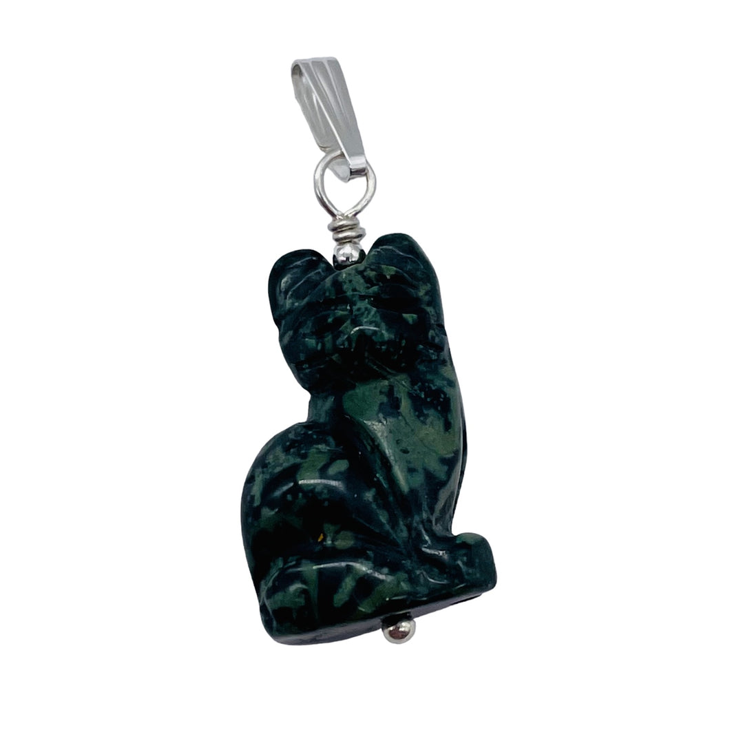 Adorable! Kambaba Jasper Carved Sitting Cat Sterling Silver Pendant