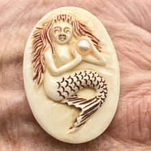 Load image into Gallery viewer, Splash Mermaid with Pearl Scrimshawed Carved Waterbuffalo Bone Button | 40x28mm | Cream Red Brown - PremiumBead Primary Image 1
