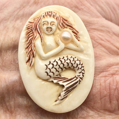 Splash Mermaid with Pearl Scrimshawed Carved Waterbuffalo Bone Button | 40x28mm | Cream Red Brown - PremiumBead Primary Image 1