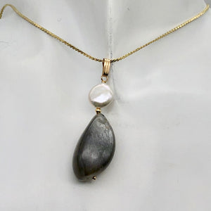 Chatoyant Moonstone Fresh Water Pearl Drop 14K Gold Filled Pendant |1 3/4" Long|