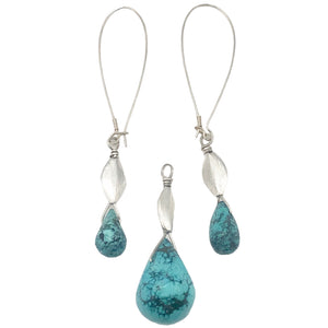 Natural Blue Turquoise and Sterling Silver Earrings And Pendant Set