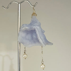 Blue Chalcedony Druzy Carved Flower Sterling Silver Pendant | 2 1/2" Long| Blue|