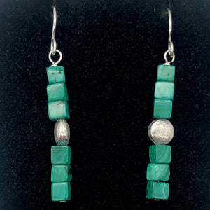 Exotic! Malachite Cube Beads Sterling Silver Earrings! | 1 7/8 inch Long |