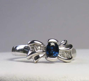 Blue Sapphire and White Diamonds Solid 14Kt White Gold Ring Size 6 3/4 9982Ai