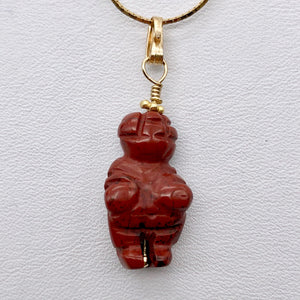 Carved Brecciated Jasper Goddess of Willendorf 14Kgf Pendant|1.38" Long | Red | - PremiumBead Primary Image 1