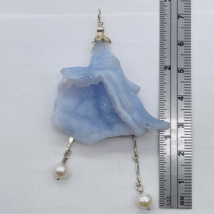 Blue Chalcedony Druzy Carved Flower Sterling Silver Pendant | 2 1/2" Long| Blue|
