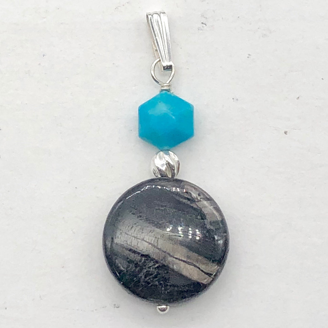 Hypersthene, Turquoise Drop Sterling Silver Pendant| 1 1/2