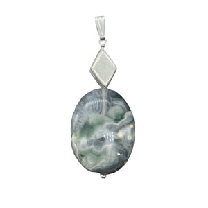 Ocean Jasper Sterling Silver Oval Pendant | 2" Long | Green | 1 Pendant |