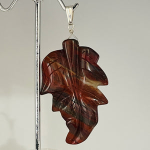 Carved Brecciated Jasper Leaf Sterling Silver Pendant | 2 3/4" Long| 1 pendant |