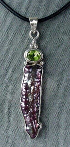 Rare Magenta Biwa Pearl and Green Peridot Sterling Silver Pendant 4731G - PremiumBead Primary Image 1